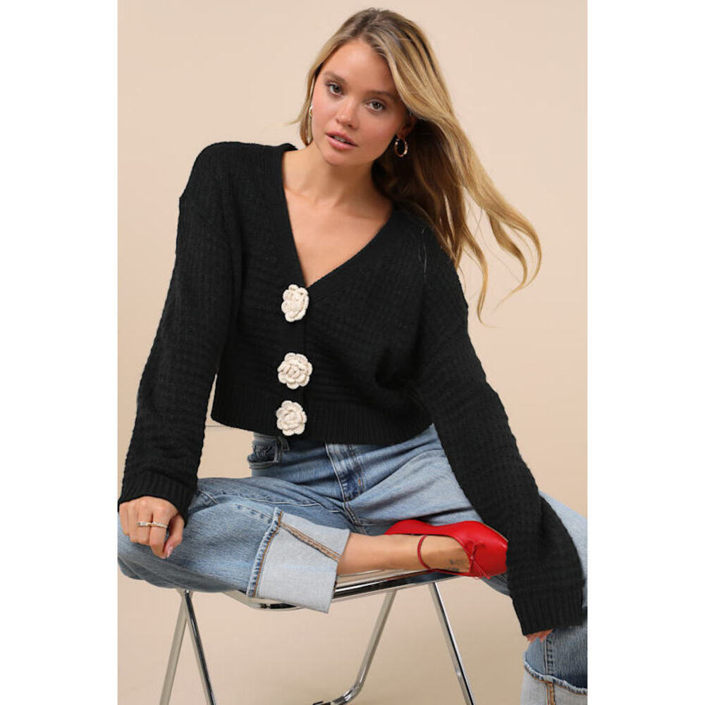 Lulus Sweetest Poise Black 3d Rosette Button-front Cardigan - Size M